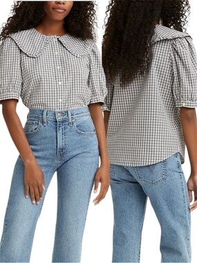 NWT Levi's Olympia Cotton Collared Short Sleeve Blouse gingham checker Medium